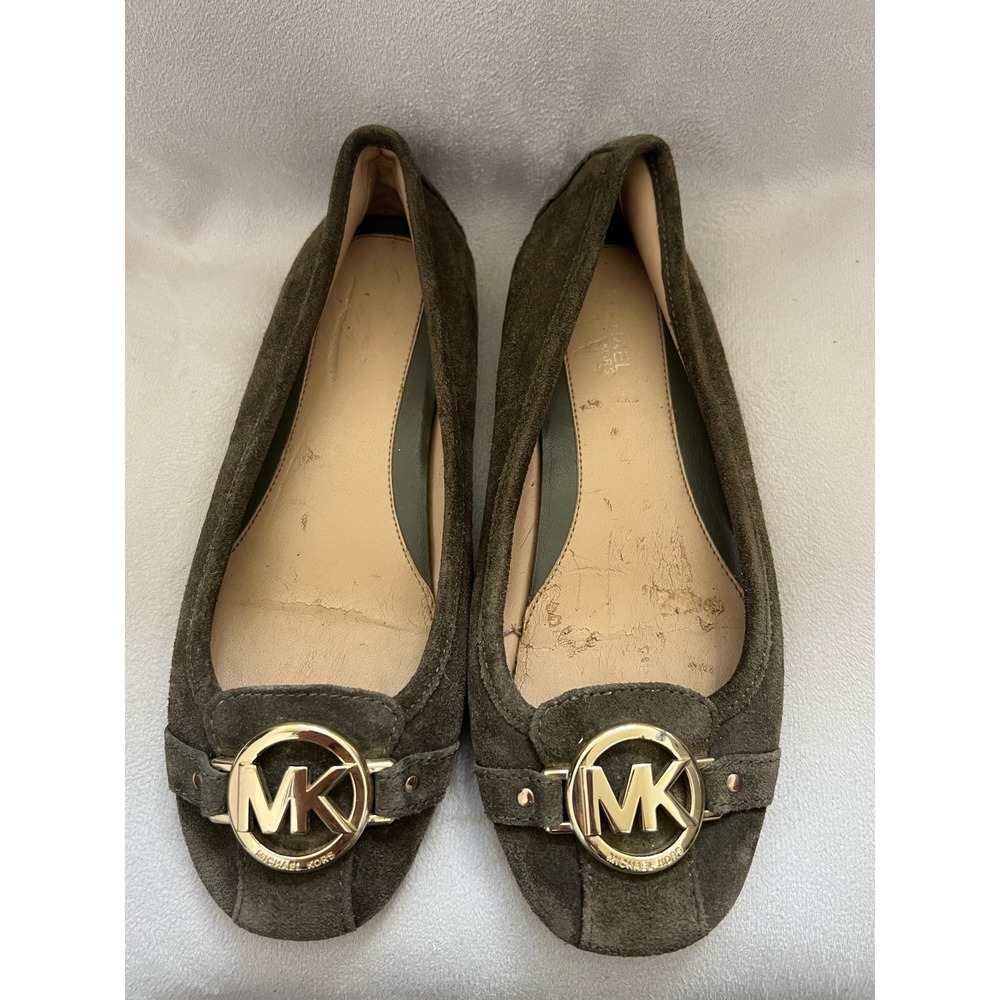 Michael Kors Fulton Moccasin Flats Olive Green Suede Gold MK Logo Medallion